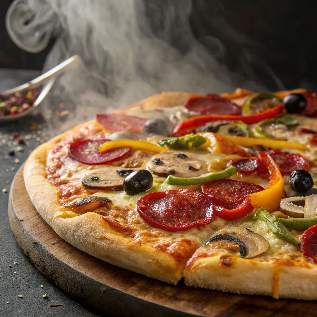 Freshly baked pizza with toppings